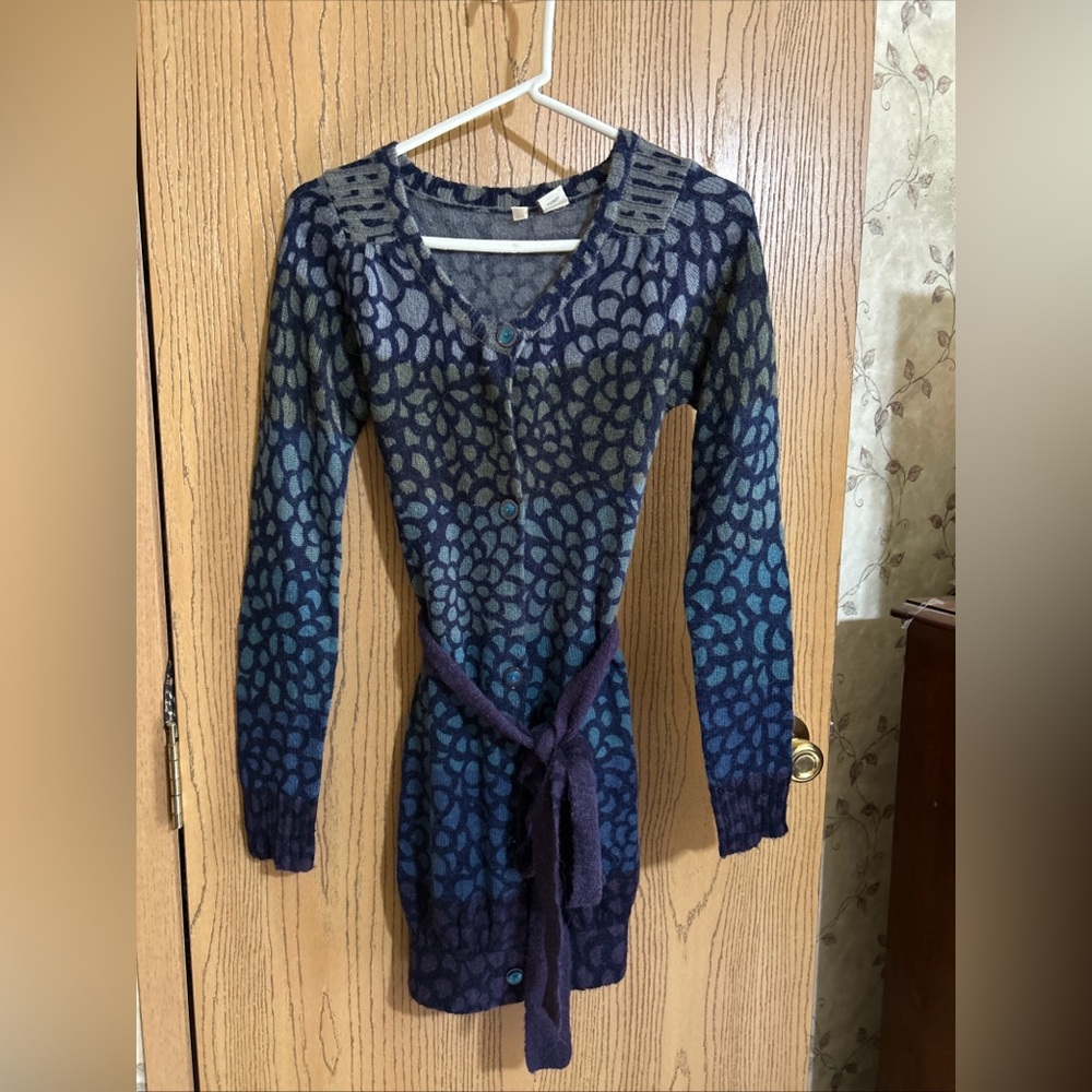 MOTH Anthropologie Wool/Alpaca Blend Sweater Dress Blue Leopard Womens S $138
